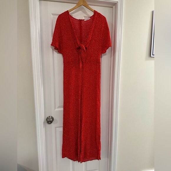 Mango Jumpsuit Medium Red Polka Dot Tie Front Wide Leg Short Sleeve - Picture 6 of 7